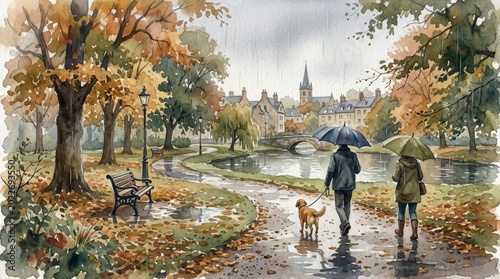 Two people walk a dog in autumn rain with umbrellas beside a river park.