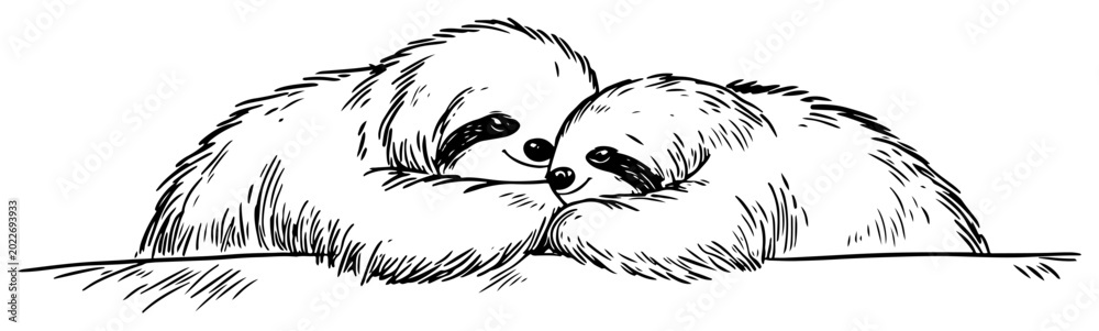 Fototapeta premium sloth couple resting and nuzzling together in minimalist line art style