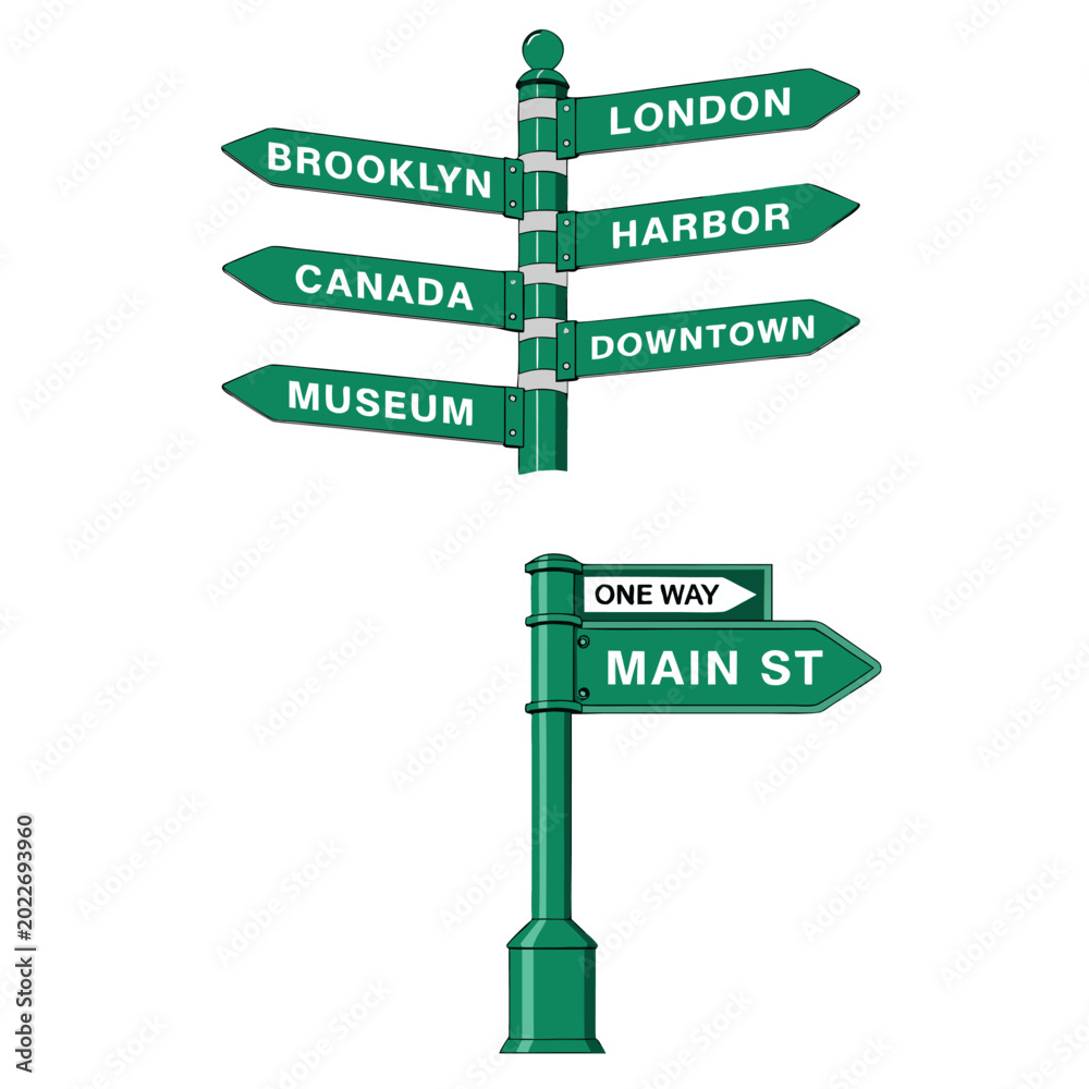 Fototapeta premium Modern green street sign vector illustration with directional arrows, city navigation boards, parking sign, bus lane