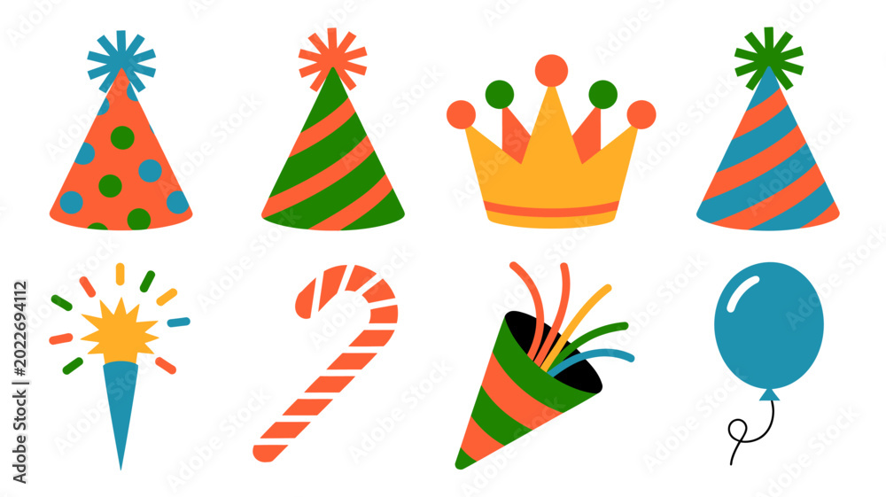 Obraz premium festive party elements collection featuring hats crown balloon and firework in flat vector illustration
