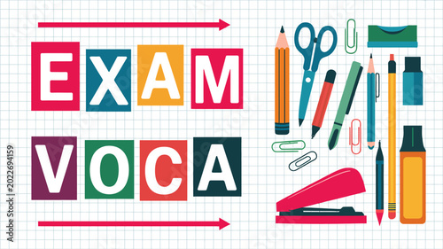 Tableau sur toile Colorful exam and vocabulary lettering with school supplies flat vector illustra