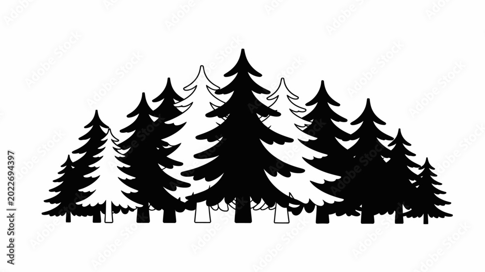 Obraz premium Black and white silhouette of coniferous trees against a white background