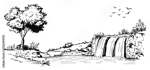 Fotografija Scenic waterfall landscape with prominent tree and rocks in hand drawn sketch st