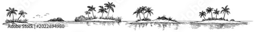 Tropical island panorama with palm trees and ocean waves in detailed line art style © Kaz