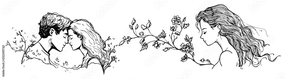 Fototapeta premium Beautiful woman portrait and romantic couple with flowers in hand drawn sketch style