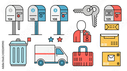 Fotografia collection of postal service and delivery icons in a flat colorful line art styl