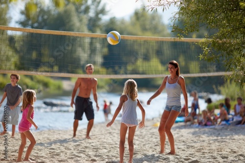 Kids and Parents Having Fun with Volleyball at the Seaside