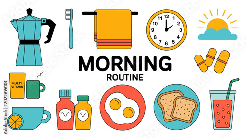 Obraz na płótnie vector illustration of morning routine items including coffee maker toothbrush a