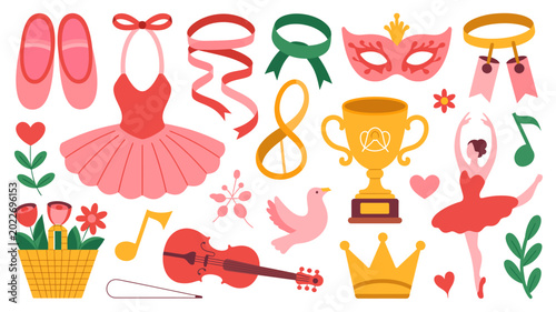 Foto Ballet themed illustration with pointe shoes tutu violin and floral elements on