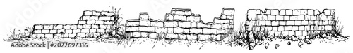 Foto Ruined stone walls in overgrown field representing history and decay in hand dra