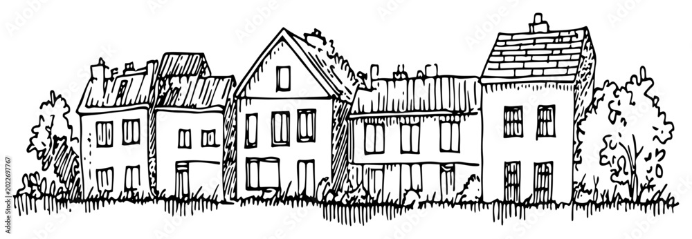 Obraz premium Townhouses and cottages with small gardens in hand drawn sketch style