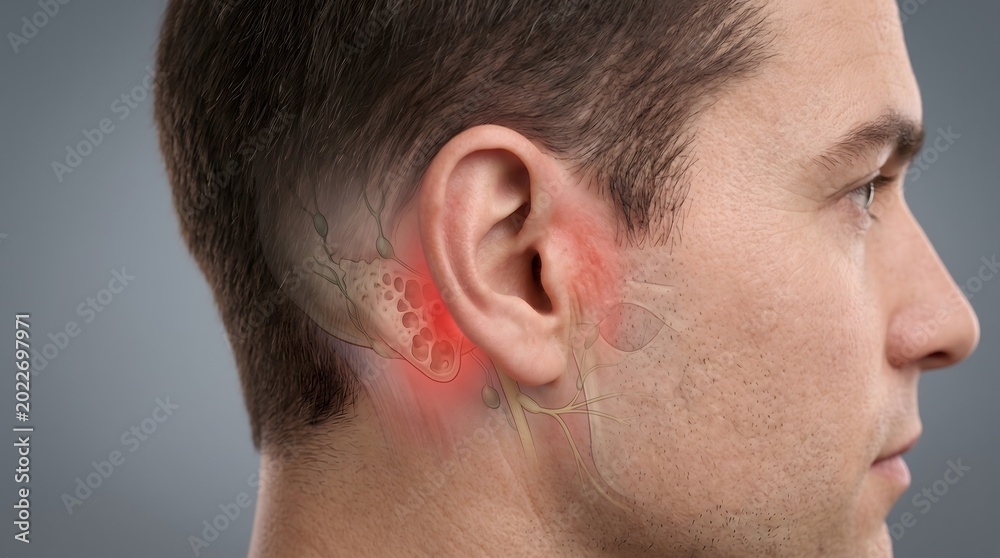 Fototapeta premium Ear Infection And Inner Ear Anatomy Pain In Male Side Profile