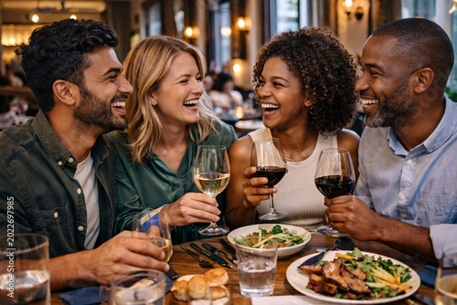 Friends Sharing Laughter at Restaurant