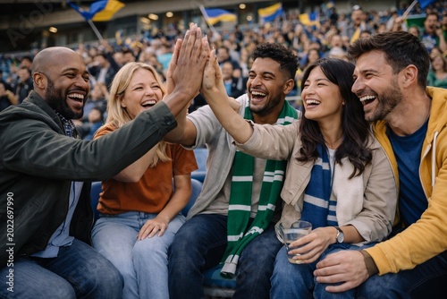 Friends Sharing Laughter at Stadium