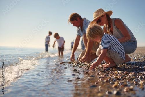 Parents and Children Collecting Seashells by the Ocean