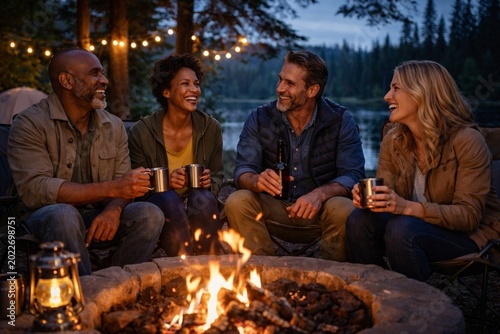 Adult friends talking around campfire near lake at sunset