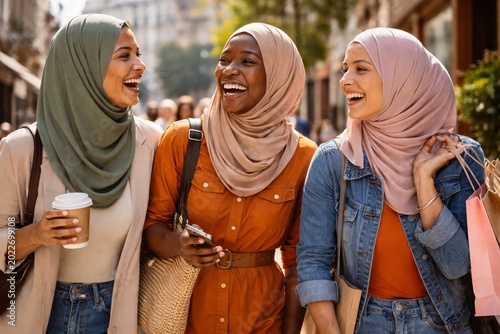 Muslim women friends laughing together in the city