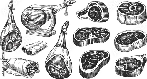 Foto Vintage Hand Drawn Vector Set of Jamon Legs Prosciutto Cuts and Raw Beef Steaks