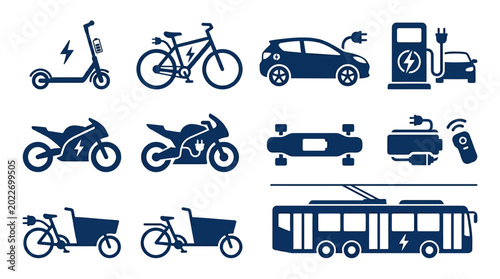 Foto Collection of electric transportation icons showcasing various vehicles and char