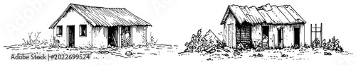 Fotografie Stone cottage and dilapidated wooden shack in rural landscape in hand drawn sket