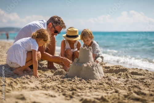Family with Kids Build a Sand Volcano at Beach at Summer Time