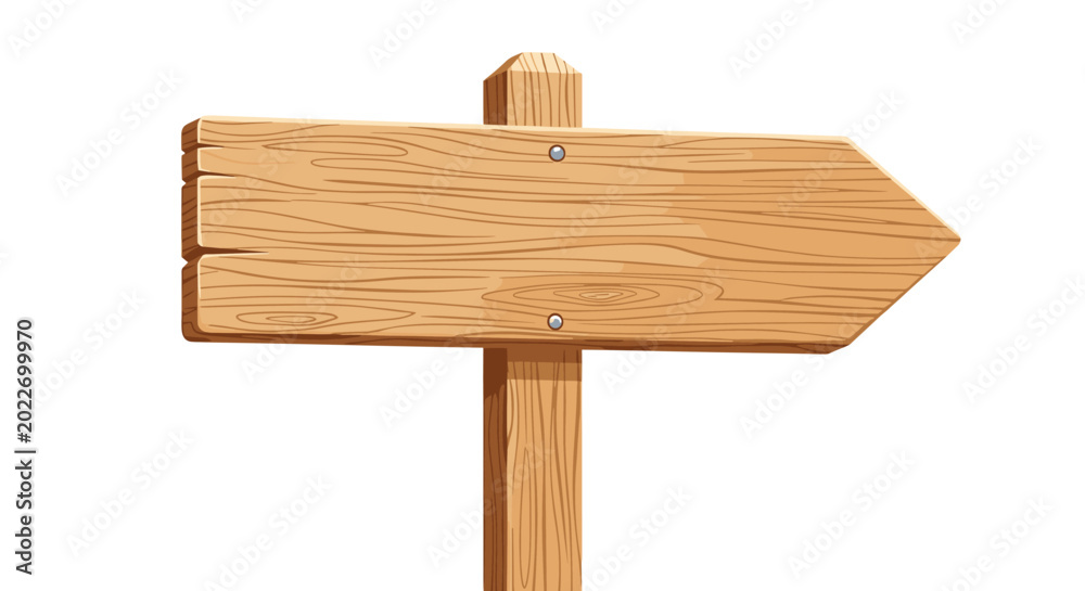 Fototapeta premium Blank wooden directional signpost pointing to the right with a rustic wood grain texture against a plain white background for navigation.