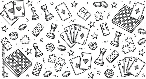 Quadro su tela Board Game Elements Vector Set Featuring Playing Cards, Chess Pieces, Dice, Domi