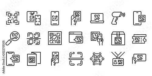 Foto Set of Outline Icons Related to QR Code, Linear Icon Collection with Editable St