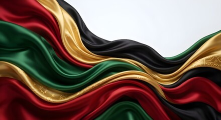 Luxury Abstract Juneteenth Background with Flowing Red Black Green and Gold Silk Fabric Waves