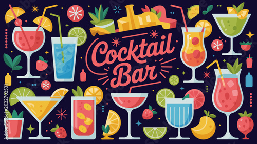 colorful cocktail bar illustration with various drinks and fruit garnishes on a dark background