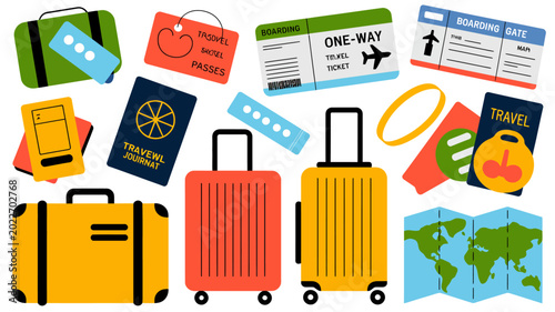 Photos Travel themed flat lay illustration with suitcases tickets passport and world ma