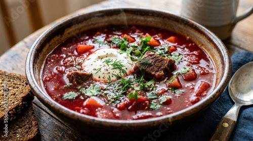 Hearty bowl of steaming borscht soup with beef and sour cream on a rustic table