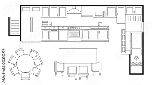 Schilderij op canvas kitchen floor plan layout with island and dining area black and white line drawi