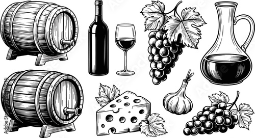 Vintage Winery and Wine Making Collection with Wooden Barrels, Bottle, Glass, Grapes Bunch, Cheese, and Decanter, Woodcut Engraving Style Graphic Vector Illustration
