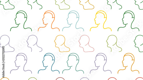 repeating pattern of colorful human profile outlines on a white background