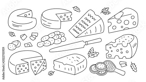 Tableau sur toile hand drawn cheese assortment with knife and leaves black and white line art