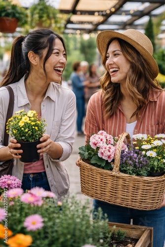 Women shopping for flowers at outdoor garden market