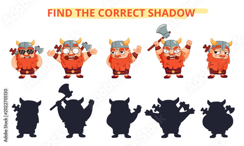 Find the correct shadow educational game with funny cartoon viking character. Printable worksheet for preschool and kindergarten children to develop logic, attention and visual perception