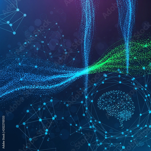 Digital illustration of a glowing human brain connected to a complex network of nodes and data particles floating in a deep blue space representing advanced artificial intelligence and modern technolo
