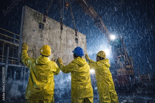 Industrial workers in rain at construction site