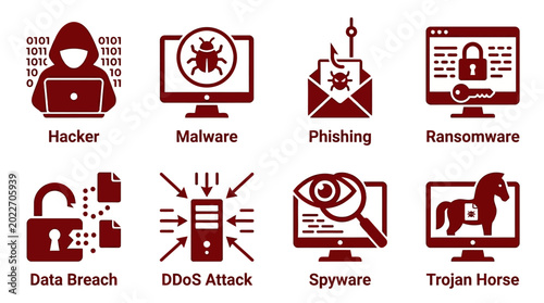 Collection of cybersecurity icons illustrating various online threats and attacks