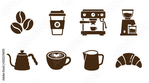 Quadro su tela A collection of coffee-related items including beans, cups, and brewing equipmen
