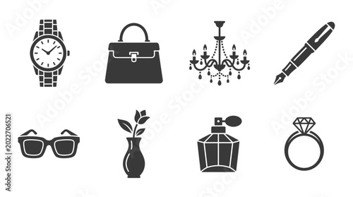 Set of luxury lifestyle and fashion accessories icons.