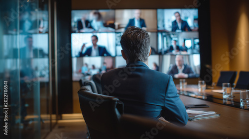 Businessman in dark suit seen over the shoulder at wooden conference table facing video wall of remote participants