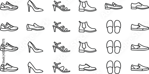 Fotografija Minimal Footwear Outline Icon Collection Featuring Sneakers, High Heels, Sandals