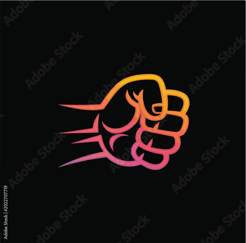 Dynamic fist logo with speed lines, powerful punch vector illustration, orange and pink gradient hand icon on black background