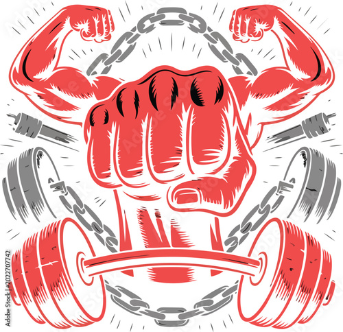 Vintage bodybuilding gym illustration, muscular arms and clenched fist with heavy barbell, retro fitness emblem with metal chains and weights