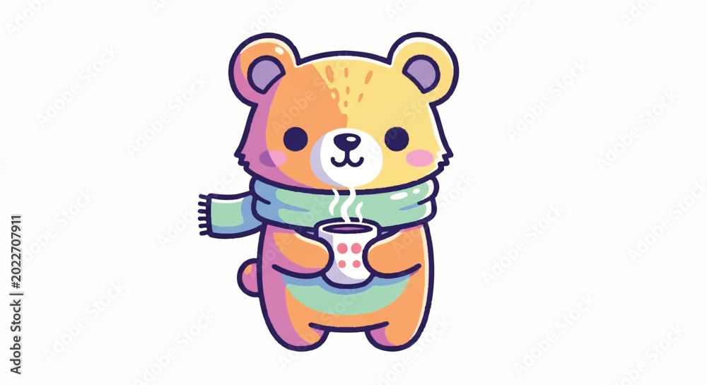 Fototapeta premium Cute Kawaii Bear Wearing Scarf Holding Hot Drink.