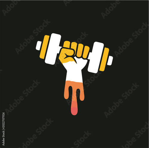 Strong fist holding dumbbell vector illustration, gym fitness power concept, bodybuilding weightlifting icon with dripping paint effect on black background