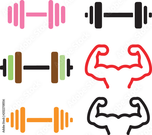 Fitness gym icons set with colorful dumbbells and muscular arm silhouettes, bodybuilding weightlifting equipment vector collection for workout apps